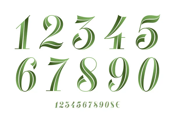 数字フォント エコバナー ポスター グリーティングカードのための数字フォントの古典的な幾何学的なデザイン 美しいエレガントな数字 ユーロ記号 ヴィンテージとレトロなタイポグラフィ ベクトルイラストレーション — ストックベクタ