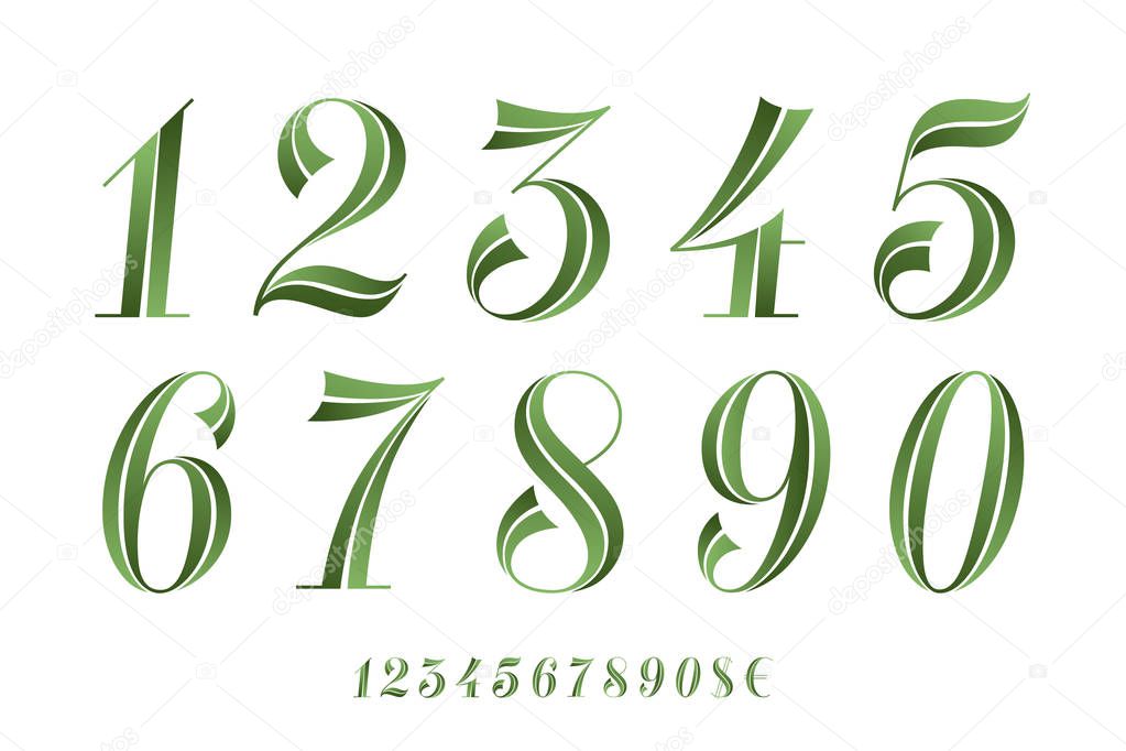 Numbers Font. Classical geometric design of numbers font for eco banner, poster, greeting card. Beautiful elegant numeral, dollar, euro symbols. Vintage and retro typographic. Vector Illustration
