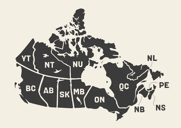 Map Canada. Poster map of provinces and territories of Canada. Black and white print map of Canada for t-shirt, poster or geographic themes. Hand-drawn black map with provinces. Vector Illustration