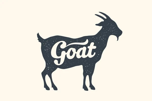 stock vector Goat, lettering. Design of farm animals - Goat side view profile. Isolated black silhouette goat with text lettering on white background. Vector Illustration