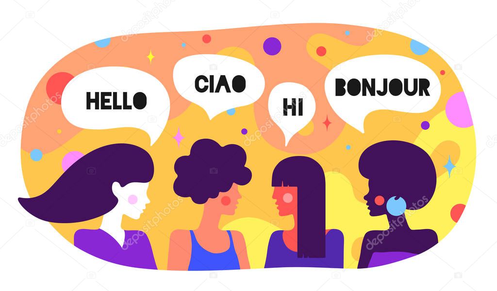 Modern flat character. Friends women say Hello, Ciao, Hi, Bonjour. Simple character of woman girl of different nationalities, races. Woman character, concept in flat color graphic. Vector Illustration