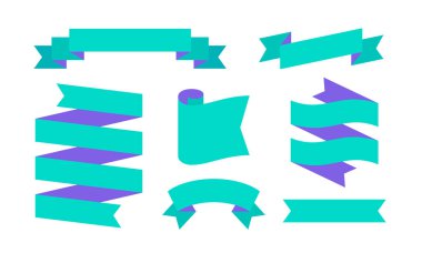 Kurdele Bayrağı. Metin için basit kurdele pankartı seti, cümle. Beyaz arka planda renk izole edilmiş eski moda siluet kurdele. Tasarım iletisi için grafiksel ögeler. Vektör İllüstrasyonu