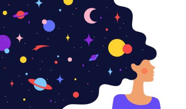 Modern düz karakter. Hayal dünyası olan kadın. Evrenin yıldızlı gecesinde saçları olan basit bir kadın karakteri. Rüyadaki kadın karakter. Düz renk grafikli kavram. Vektör İllüstrasyonu