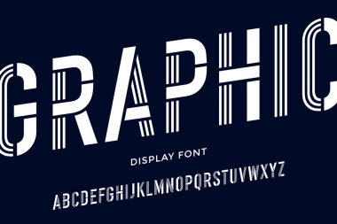 Kalıp yazı tipi. Siyah ve beyaz yoğunlaştırılmış alfabe ve çizgi yazı tipi. Yoğunlaştırılmış büyük harf şablon harfleri. Tip, tipografi mektubu, Latince el yazması yazı tipi. Vektör İllüstrasyonu