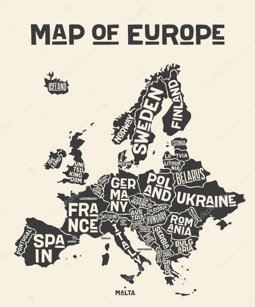 Europe, map. Poster map of the Europe with country names. Print map of Europe for web and polygraphy on business, economic, political, geography themes. Vector Illustration