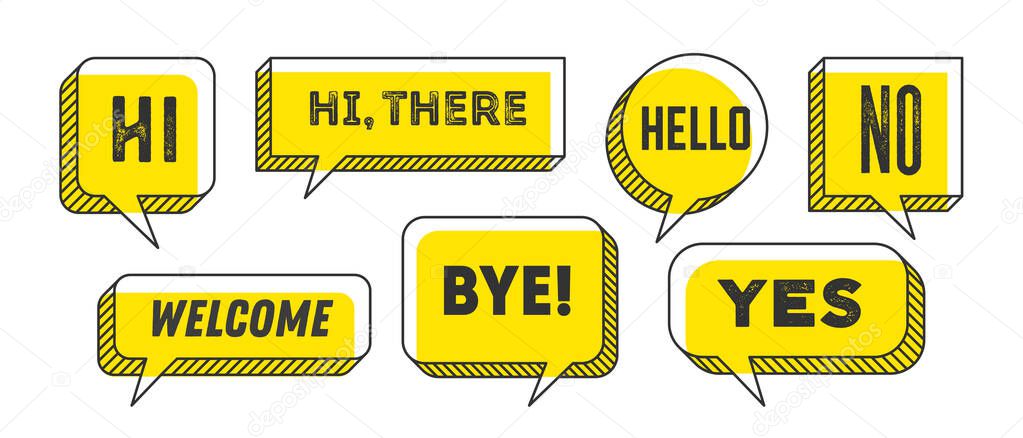 Speech Bubble. Set of 3d and 2d line speech bubble cloud talk with text Hallo, Goodbye, Ciao, Good Day. White speech bubble isolated cloud talk silhouette on yellow background. Vector Illustration