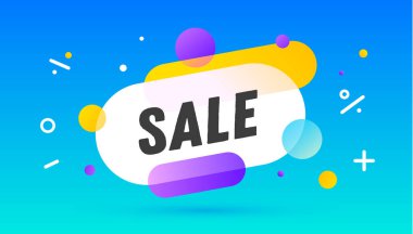 Satış, konuşma balonu. Pankart, poster, metin satışlı konuşma balonu. Geometrik memphis tarzı, afiş için mesaj satışı, poster. Patlama tasarımı, konuşma balonu. Vektör İllüstrasyonu