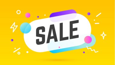 Satış, konuşma balonu. Pankart, poster, metin satışlı konuşma balonu. Geometrik memphis tarzı, afiş için mesaj satışı, poster. Patlama tasarımı, konuşma balonu. Vektör İllüstrasyonu