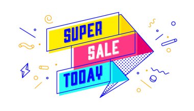 Bugün süper indirim var. 3D indirimli pankart, duygu ve motivasyon için bugün Süper İndirimli. Siyah arkaplanda modern 3d renkli ağ şablonu. Satılık tasarım öğeleri, indirim. Vektör İllüstrasyonu