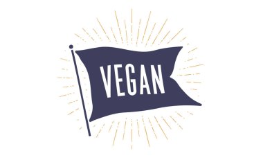 Vejetaryen. Bayrak resmi. Vegan 'lı eski moda bayrak. Kurdele bayraklı klasik pankart, çizgisel ışık huzmeleri, güneş ışınları ve güneş ışınları çeken klasik tarz. Vektör İllüstrasyonu