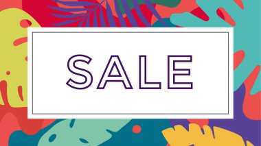 Satılık. Boho tarzında tropik bir geçmiş, mesaj indirimi. Beyaz daire ve kısa mesaj satışıyla parlak renkli çiçek desenli modern desen. Poster şablon tasarımı. Vektör İllüstrasyonu