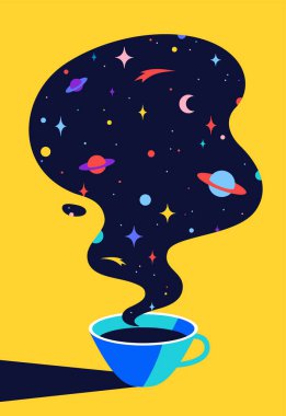 Coffee. Cup of coffee with universe dreams, planet, stars, cosmos. Modern flat illustration. Banner for cafe, restaurant, menu, coffee dreams theme. Color contemporary art style. Vector Illustration clipart