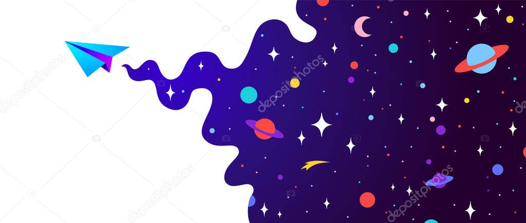 Universe. Motivation banner with universe cloud, dark cosmos, planet, stars and paper plane, start up symbol. Banner template with universe starry night dream background. Vector Illustration