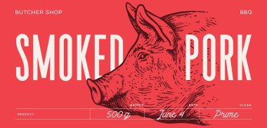 Domuz eti, domuz kafası, et etiketi. Şablon Etiketi. Eski moda baskı, etiket, etiket, domuz çizimi mürekkep çizimi kalem stili çizim. Domuz eti kasabı et dükkanı, yazı, tipografi. Vektör İllüstrasyonu