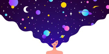 Rüya evreni kadın figürünün içinden akar, saçlarında kozmik gece gökyüzü olan bir kız. Kadın hayal gücü parlar, düz stili olan kız, evren rüyası kadın kozmosunu sarar. Vektör İllüstrasyonu