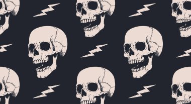 Death Skull. Halloween card. Seamless pattern background of vintage skull hipster with lightning. Graphic design for wrapping paper and fabric texture of shirt. Vector Illustration