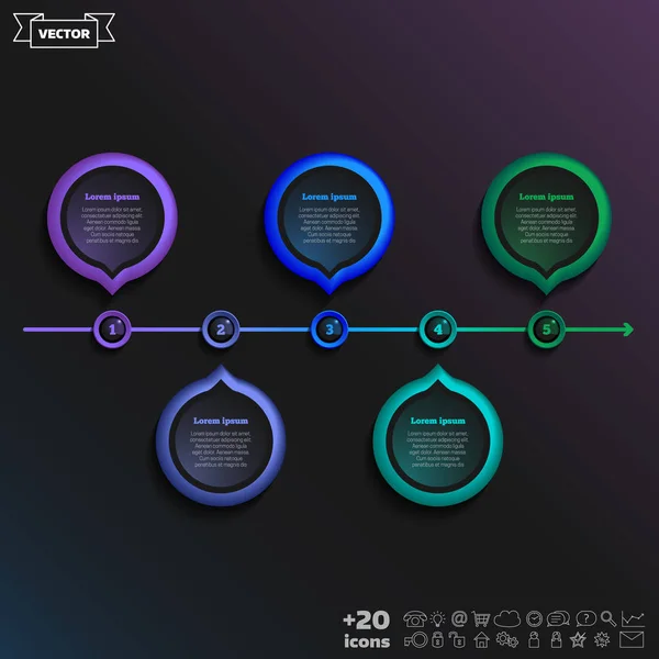 Tijdlijn Infographics Ontwerpen Met Kleurrijke Cirkel Een Zwarte Achtergrond Bedrijfsconcept — Stockvector