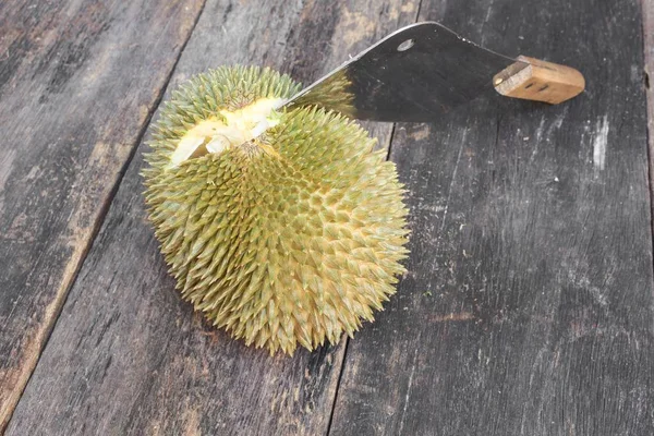 Durian Mes Geschild Fruit Verdieping Van Houten Tafel Met Kopie — Stockfoto