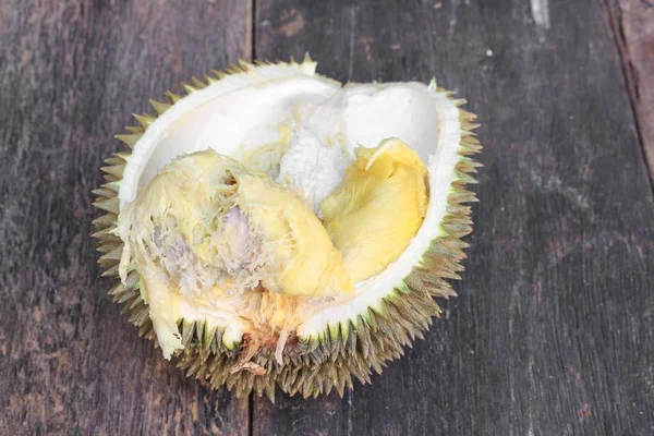 durian peeled ripe close up, King of fruit Thailand on the wooden table floor with copy space for add text