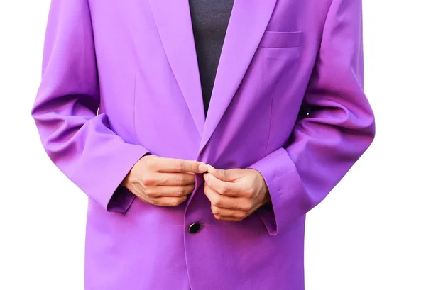 Hombre Moda Joven Elegante Guapo Traje Púrpura Con Abrochar Botón — Foto de Stock