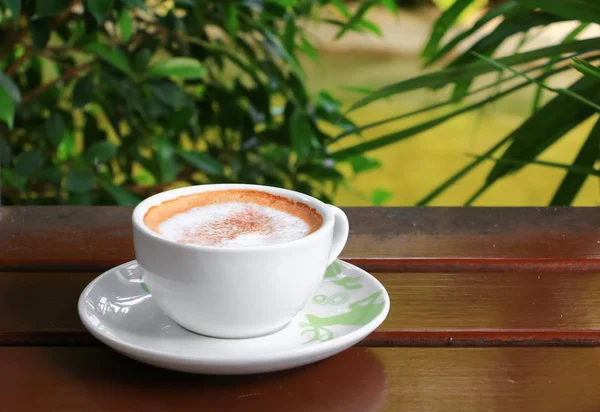 Koffie Cappuccino Achtergrond Van Houten Vloer — Stockfoto