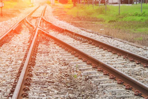 Railway Track Gravel Train Transportation Sunset Light Tone — Stock Photo, Image