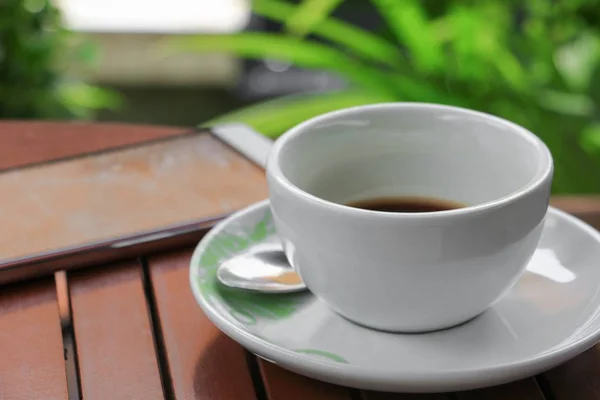 Ceașcă Cafea Fundalul Podelei Din Lemn — Fotografie, imagine de stoc