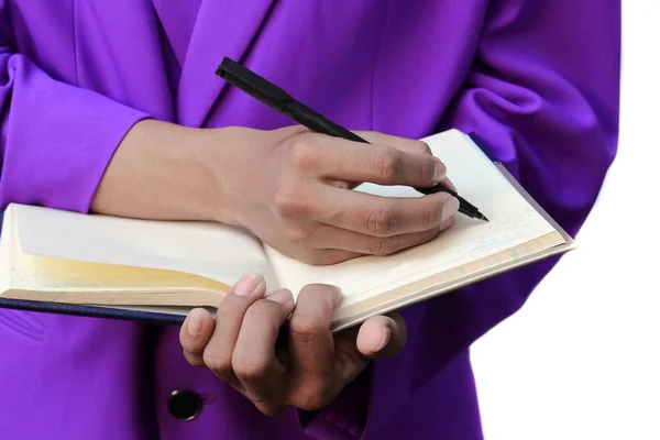 白い背景上のドキュメントを署名の手にメモ帳を持ったビジネスマン — ストック写真