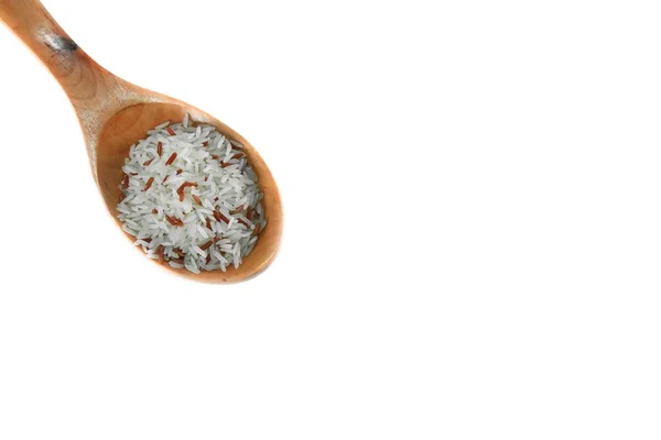 Λευκό Και Καστανό Ρύζι Ξύλινο Κουτάλι Κοντινό Πλάνο — Φωτογραφία Αρχείου