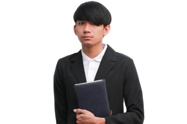 Beyaz arka plan üzerine bir kitap holding iş adamı