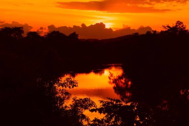 günbatımı güzel renkli manzara ve siluet ağaç su yansıma gökyüzünde twilight saat