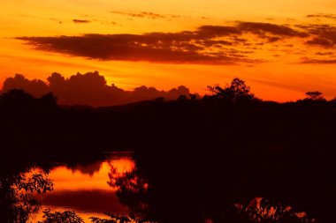günbatımı güzel renkli manzara ve siluet ağaç su yansıma gökyüzünde twilight saat
