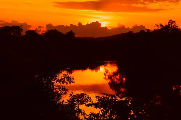 Pôr Sol Bela Paisagem Colorida Silhueta Árvore Água Reflexão Céu — Fotografia de Stock