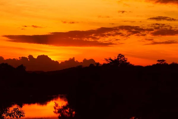 Solnedgången Vackra Färgstarka Landskap Och Siluett Träd Vatten Reflexionen Sky — Stockfoto