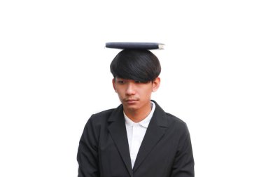 öğrenci kitap baş beyaz bir arka plan ile