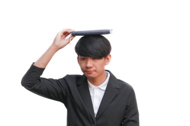 öğrenci kitap baş beyaz bir arka plan ile