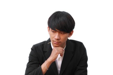 Erkek temiz dişleri bir kürdan ile arka plan beyaz