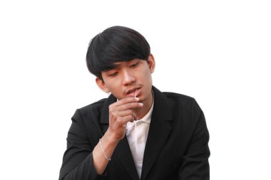 Erkek temiz dişleri bir kürdan ile arka plan beyaz