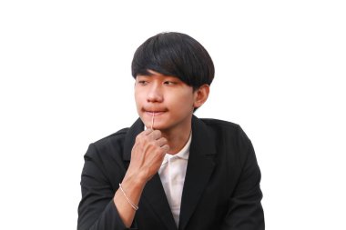 Erkek temiz dişleri bir kürdan ile arka plan beyaz