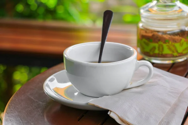 Taza Café Sobre Fondo Madera Seleccionar Enfoque Con Poca Profundidad — Foto de Stock