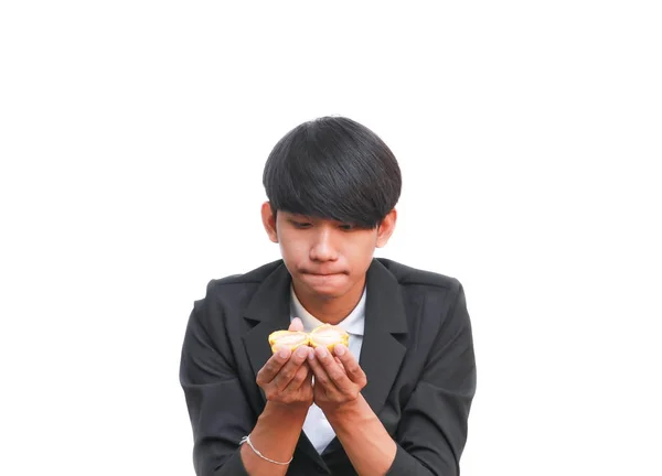 Pria Tampan Makan Jeruk Segar Pada Latar Belakang Putih — Stok Foto