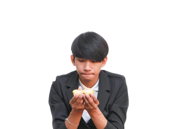 Schöner Mann Isst Eine Frische Orange Auf Weißem Hintergrund — Stockfoto