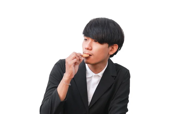 Ung Man Stilig Äta Cookie Små Bitar Vit Bakgrund — Stockfoto