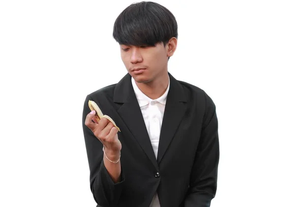 Jovem Segurando Uma Banana Fundo Branco — Fotografia de Stock