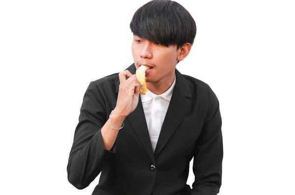 Jonge Knappe Man Het Eten Van Een Banaan Witte Achtergrond — Stockfoto