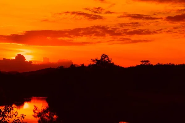 Solnedgången Vackra Färgstarka Landskap Och Siluett Träd Vatten Reflexionen Sky — Stockfoto