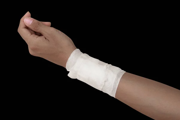 Gauze Bandage Patient Hand Wrap Injury Isolated Black Background Clipping — Stock Photo, Image