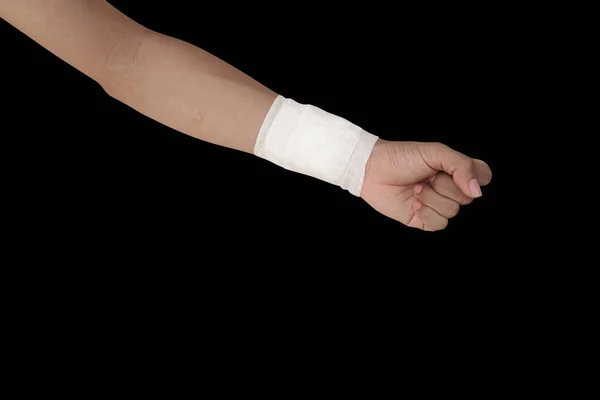 Бинты Пациента Травмой Руки Обертывания Изолированы Черном Фоне Обрезки Пути — стоковое фото