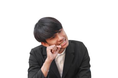 Erkek temiz dişleri bir kürdan ile arka plan beyaz