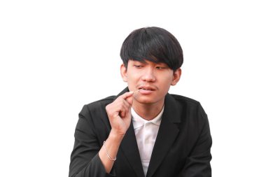 Erkek temiz dişleri bir kürdan ile arka plan beyaz